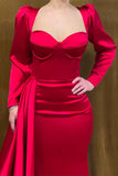 BMbride Elegant Long Strapless Red Satin Mermaid Prom Dress With Long Sleeves BMbride