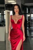 BMbride Elegant Long Velvet Red Mermaid Prom Dress With Slit BMbride