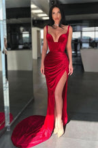 BMbride Elegant Long Velvet Red Mermaid Prom Dress With Slit BMbride