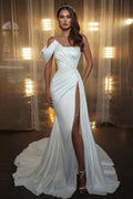 BMbride Elegant Long White One Shoulder Sleeveless Mermaid Wedding Dresses With Glitter BMbride