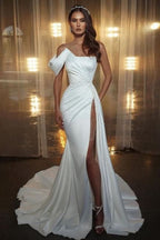 BMbride Elegant Long White One Shoulder Sleeveless Mermaid Wedding Dresses With Glitter BMbride