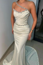 BMbride Elegant Long White Strapless Satin Mermaid Sleeveless Prom Dresses With Rhinestone BMbride