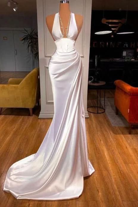 BMbride Elegant Long White V-neck Sequined Sleeveless Mermaid Prom Dress BMbride