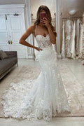 Elegant Mermaid Appliques Sleeveless Wedding Dress with Delicate Lace BM bride