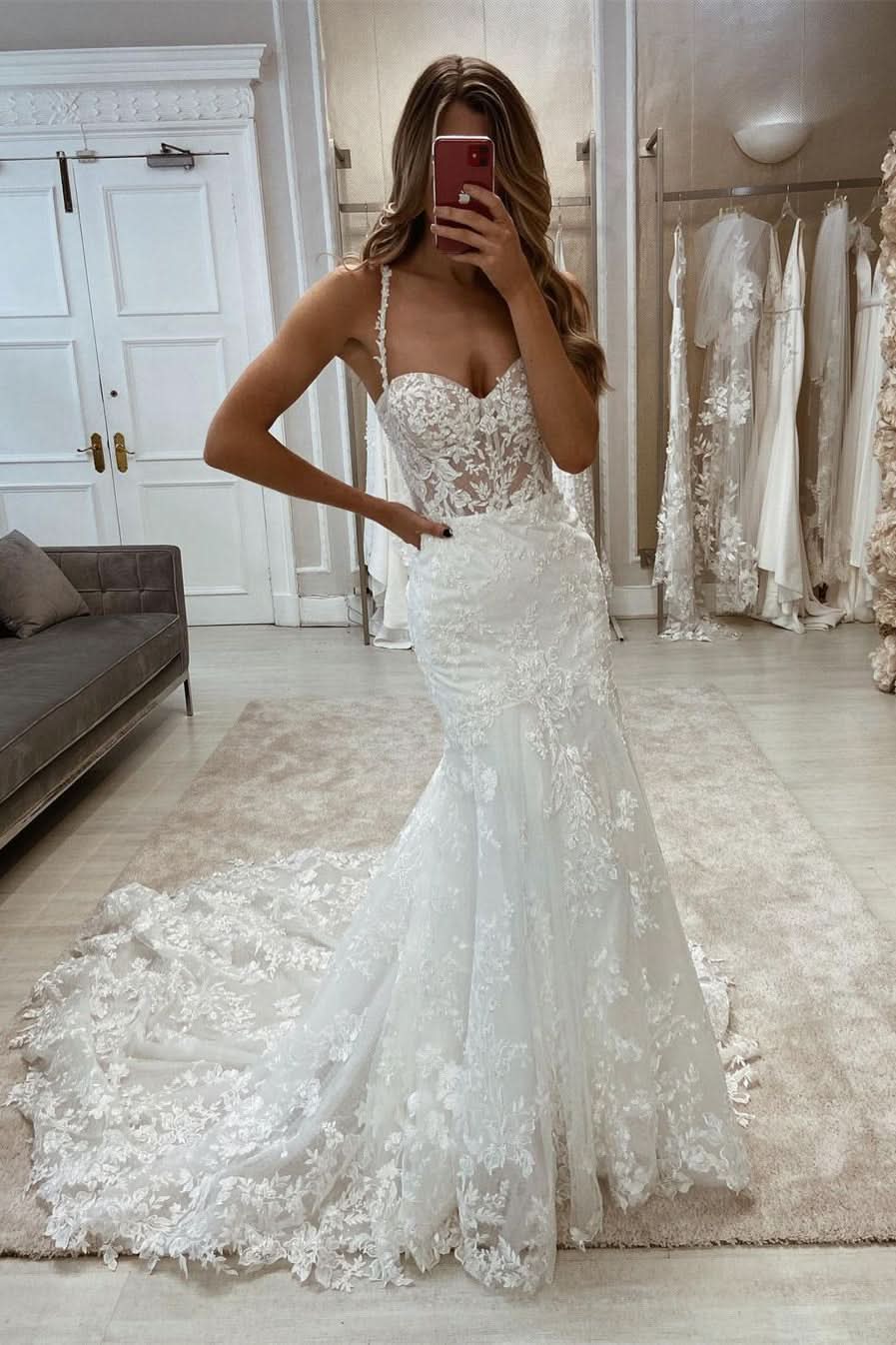 Elegant Mermaid Appliques Sleeveless Wedding Dress with Delicate Lace BM bride