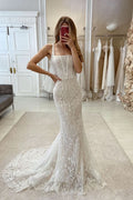 Elegant Mermaid Straps Sleeveless Lace Wedding Dress with a Magnificent Train BM bride