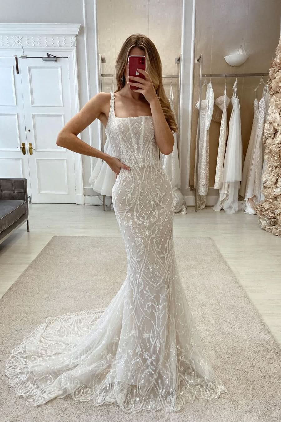 Elegant Mermaid Straps Sleeveless Lace Wedding Dress with a Magnificent Train BM bride