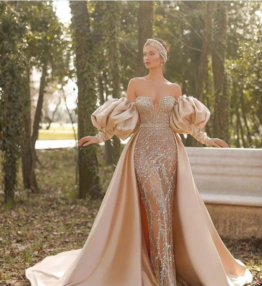 BMbride Elegant Off-the-shoulder Long Sleeve Prom Dress Mermaid Evening Gowns BMbride