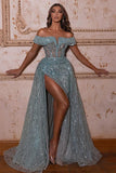 Classy Off-the-shoulder Sequined Sleeveless A-line Prom Dress Displaying a Slit BM bride