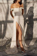 Elegant Off-the-shoulder Sleeveless A-line Sequined Wedding Dress with an Alluring Slit BM bride