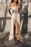 Elegant Off-the-shoulder Sleeveless A-line Sequined Wedding Dress with an Alluring Slit BM bride