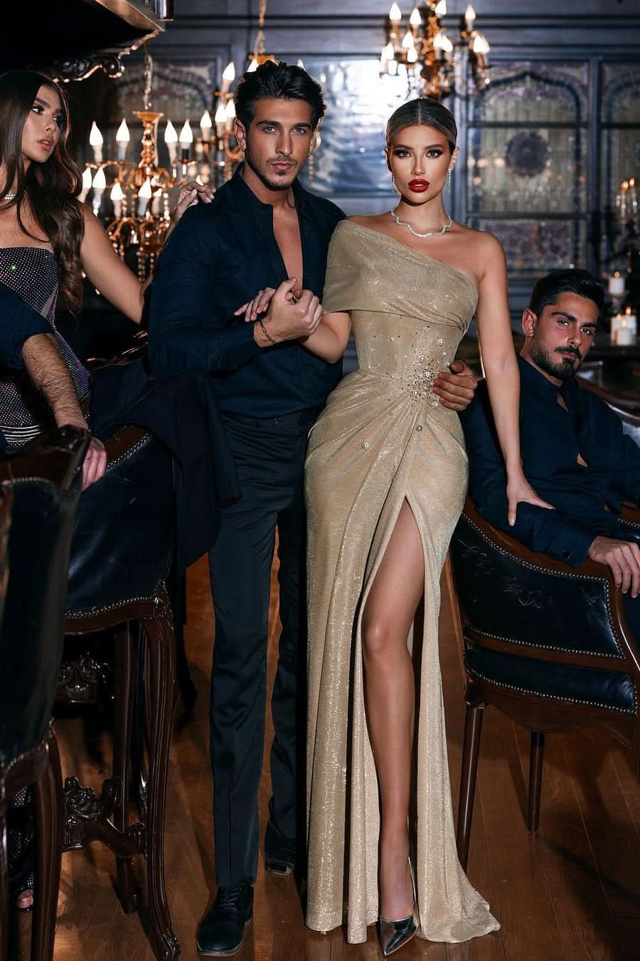 Elegant One Shoulder Beaded Sleeveless Mermaid Prom Dress Presenting a Slit BM bride