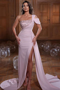 Elegant One Shoulder Sequined Mermaid Prom Dress With an Eye-Catching Slit BM bride
