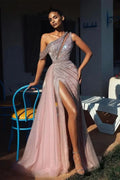 BMbride Elegant One Shoulder Sequined Sleeveless Split Front A-line Prom Dress BMbride