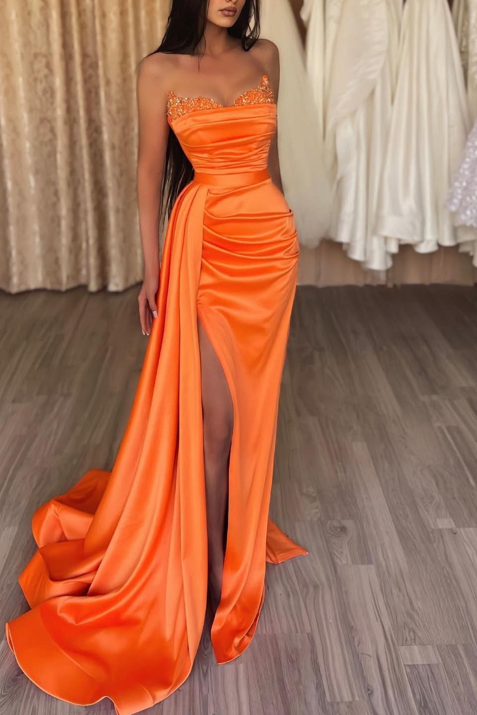 BMbride Elegant Orange Sleeveless Split Mermaid Prom Dresses with Ruffles BMbride