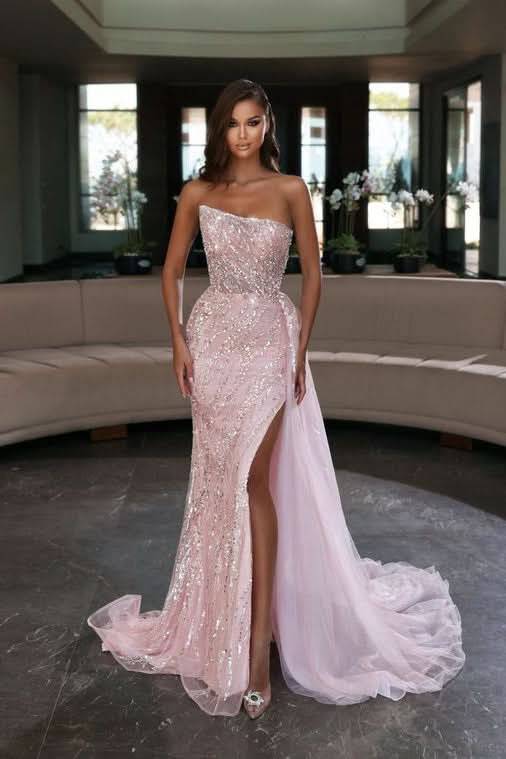 BMbride Elegant Pink Sequined Sleeveless Long Mermaid Prom Dress With Slit BMbride