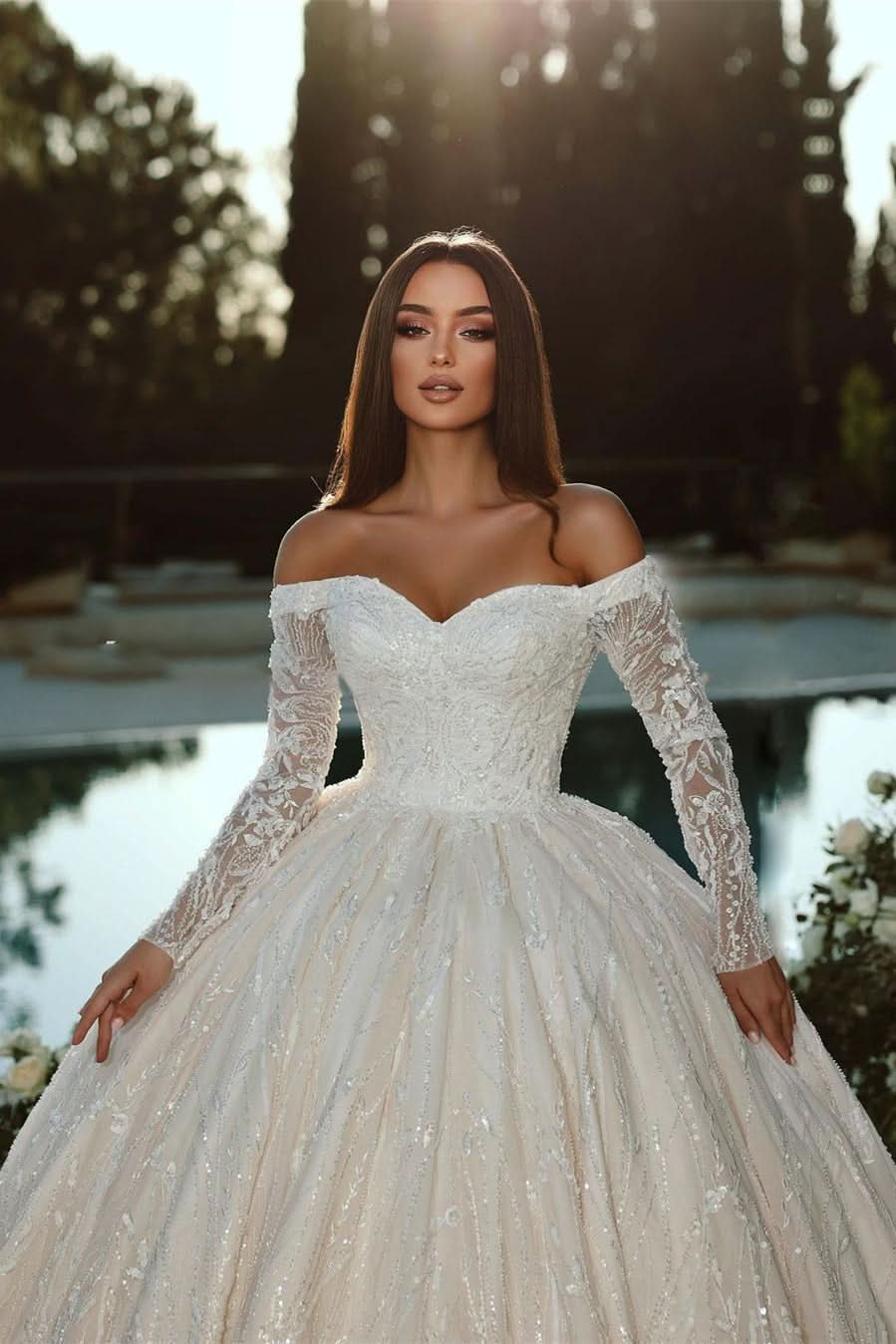 BMbride Elegant Princess Off-the-shoulder A-line Ball Gown Wedding Dress With Long Sleeves BMbride