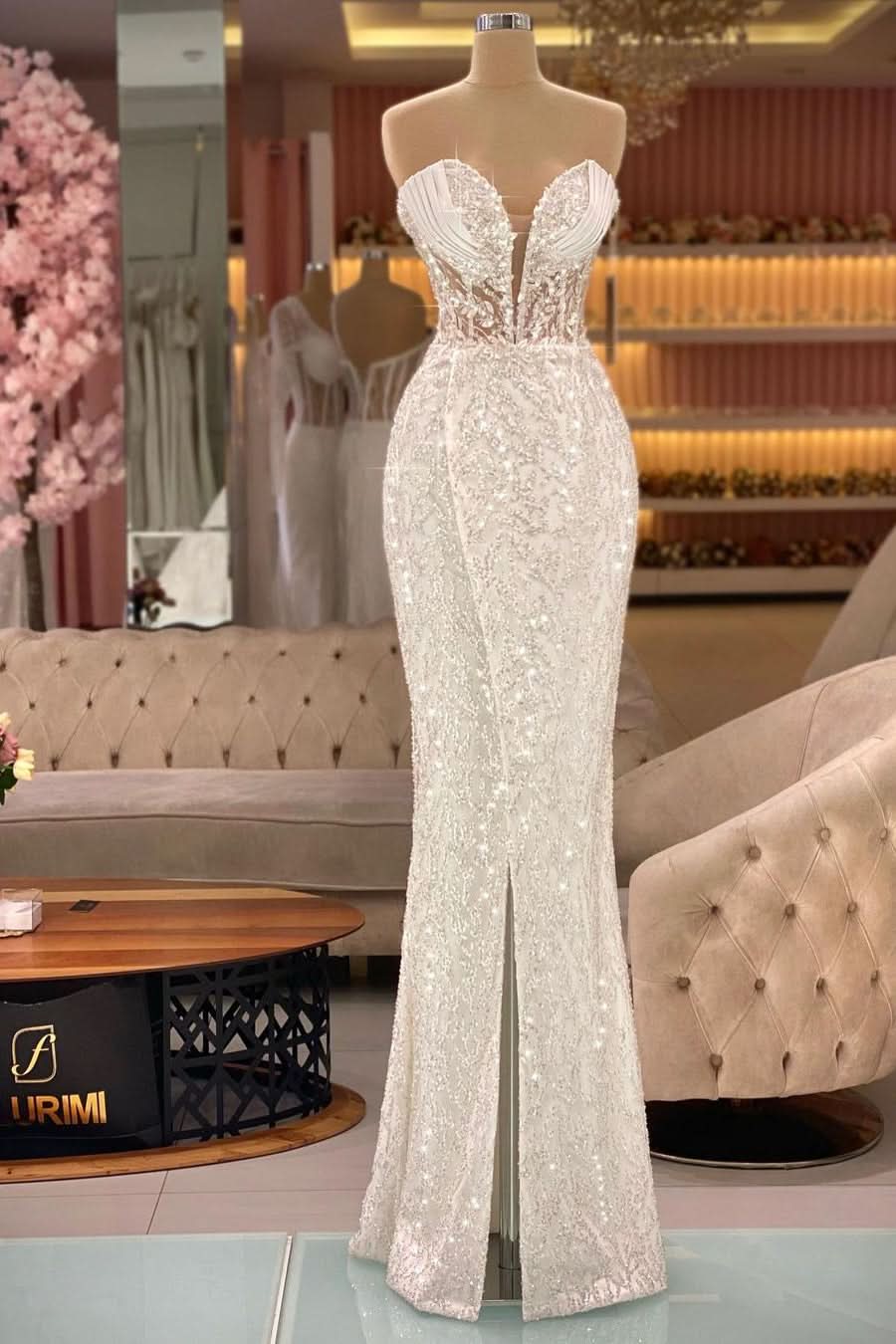 BMbride Elegant Sequined V-neck Sleeveless Lace Prom Dress BMbride
