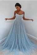 Open Back Spaghetti Strap Sequin Prom Dresses Ice Blue Sexy Evening Gowns BM bride