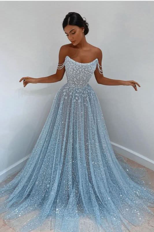 Open Back Spaghetti Strap Sequin Prom Dresses Ice Blue Sexy Evening Gowns BM bride