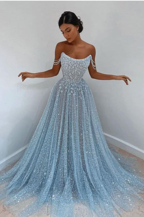 BMbride Elegant Sleeveless Blue Lace Prom Dress Long BMbride