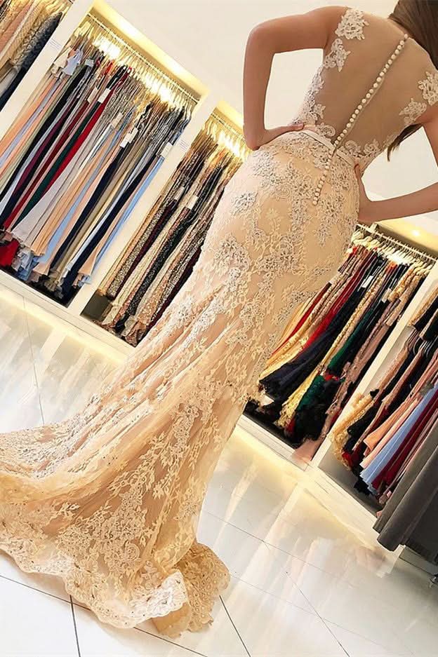 BMbride Elegant Sleeveless V-Neck Mermaid Evening Dress with Lace Appliques BMbride