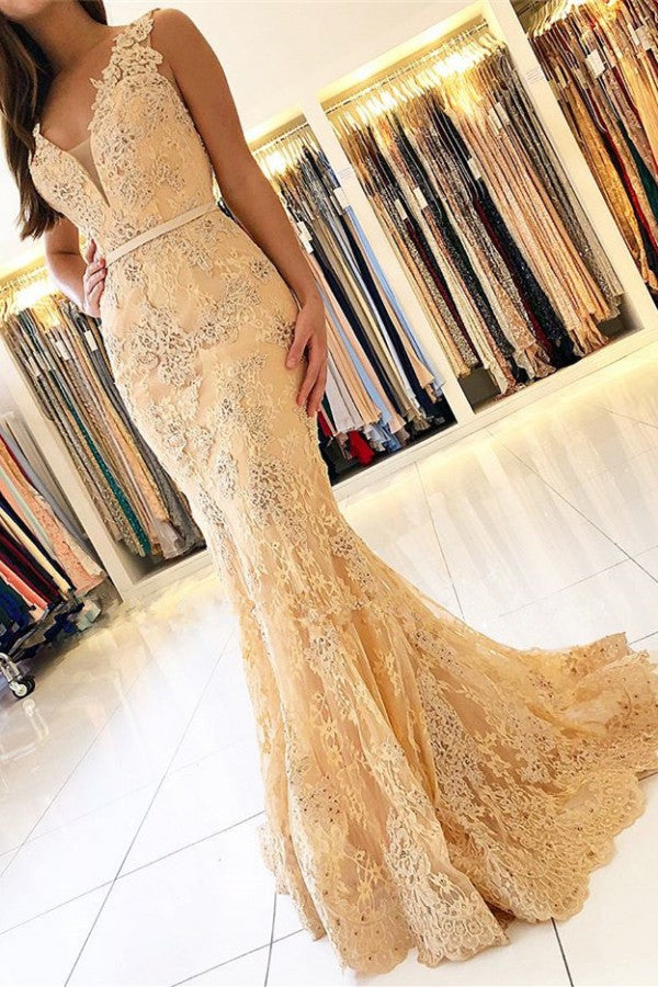 BMbride Elegant Sleeveless V-Neck Mermaid Evening Dress with Lace Appliques BMbride