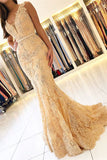 BMbride Elegant Sleeveless V-Neck Mermaid Evening Dress with Lace Appliques BMbride