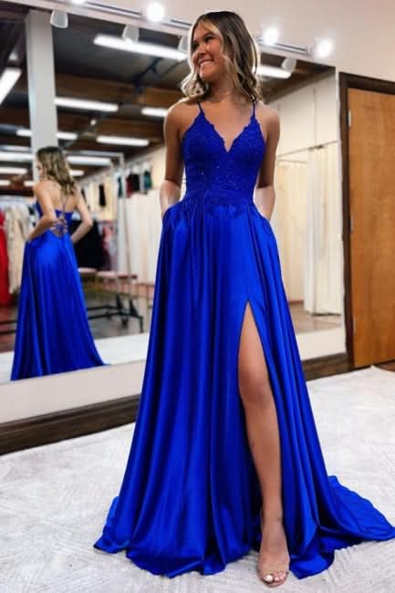 BMbride Elegant Spaghetti Straps A-Line Prom Dresses Evening Gowns With Slit BMbride