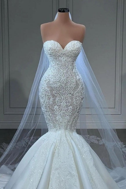 BMbride Elegant Strapless Sleeveless Mermaid Satin Floor-Length Wedding Dresses with Lace BMbride