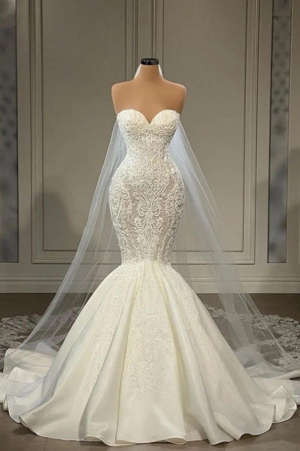 BMbride Elegant Strapless Sleeveless Mermaid Satin Floor-Length Wedding Dresses with Lace BMbride