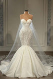 BMbride Elegant Strapless Sleeveless Mermaid Satin Floor-Length Wedding Dresses with Lace BMbride