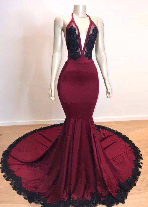 BMbride Elegant V-Neck Halter Mermaid Appliques Evening Gowns BMbride