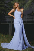 Elegant Vintage Jersey Ruched One-Shoulder Sleeveless Bridesmaid Gowns BM bride