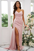 Elegant Vintage Ruched V-neck Sleeveless Bridesmaid Gowns BM bride