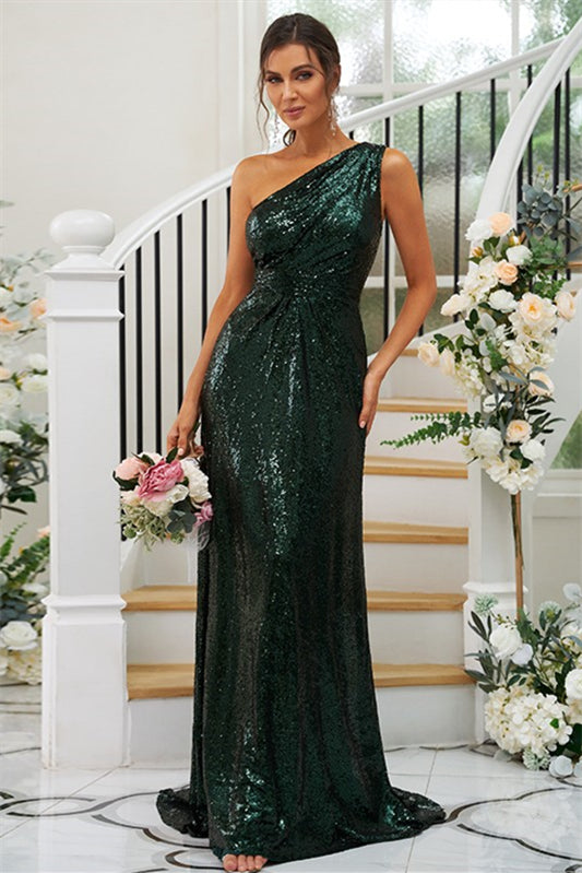 Elegant Vintage Sequins Ruched One-Shoulder Sleeveless Bridesmaid Gowns BM bride