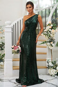 Elegant Vintage Sequins Ruched One-Shoulder Sleeveless Bridesmaid Gowns BM bride