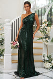 Elegant Vintage Sequins Ruched One-Shoulder Sleeveless Bridesmaid Gowns BM bride