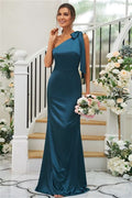 Elegant Vintage Silk like Satin Bowknot One-Shoulder Sleeveless Floor-Length Bridesmaid Gowns BM bride