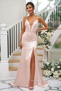 Elegant Vintage Silk like Satin Ruched V-neck Sleeveless Bridesmaid Gowns BM bride