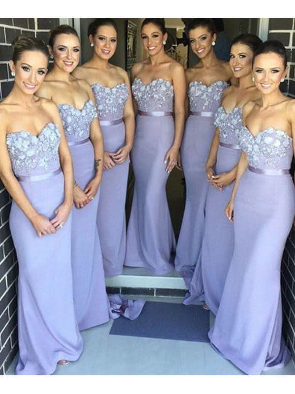 Elegant Vintage Sweetheart Sleeveless Elastic Woven Satin Hand-Made Flower Bridesmaid Gowns BM bride