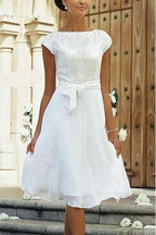 BMbride Elegant White A-line Chiffon Wedding Dress With Short Sleeve BMbride