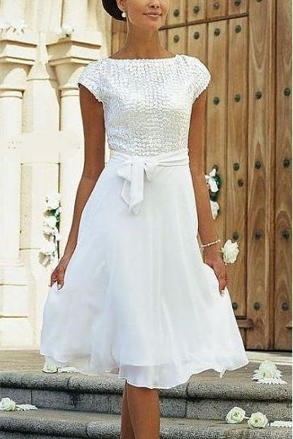 BMbride Elegant White A-line Chiffon Wedding Dress With Short Sleeve BMbride