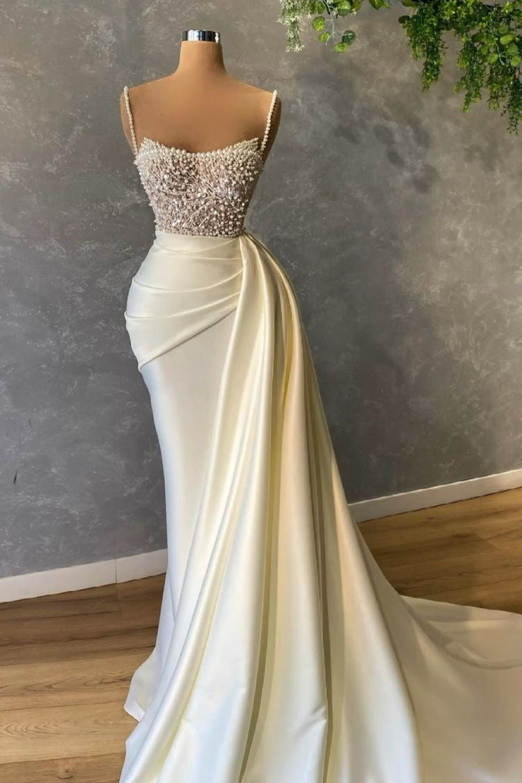 BMbride Elegant White Sequined Sleeveless Mermaid Wedding Dresses With Pearl BMbride