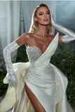 BMbride Elegant White V-neck Beading Sleeveless A-line Wedding Dress With Slit BMbride
