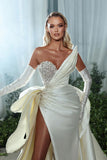 BMbride Elegant White V-neck Beading Sleeveless A-line Wedding Dress With Slit BMbride