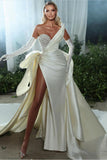 BMbride Elegant White V-neck Beading Sleeveless A-line Wedding Dress With Slit BMbride