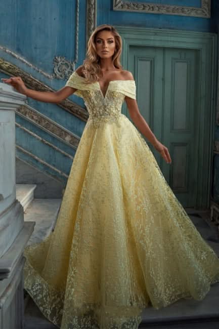 BMbride Elegant Yellow Off-the-shoulder Sleeveless A-Line Floor-Length Tulle Prom Dresses BMbride