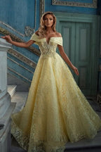 BMbride Elegant Yellow Off-the-shoulder Sleeveless A-Line Floor-Length Tulle Prom Dresses BMbride