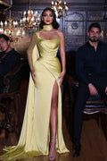 Stylish Yellow One Shoulder Long Sleeve Mermaid Prom Dress Showcasing a Slit BM bride